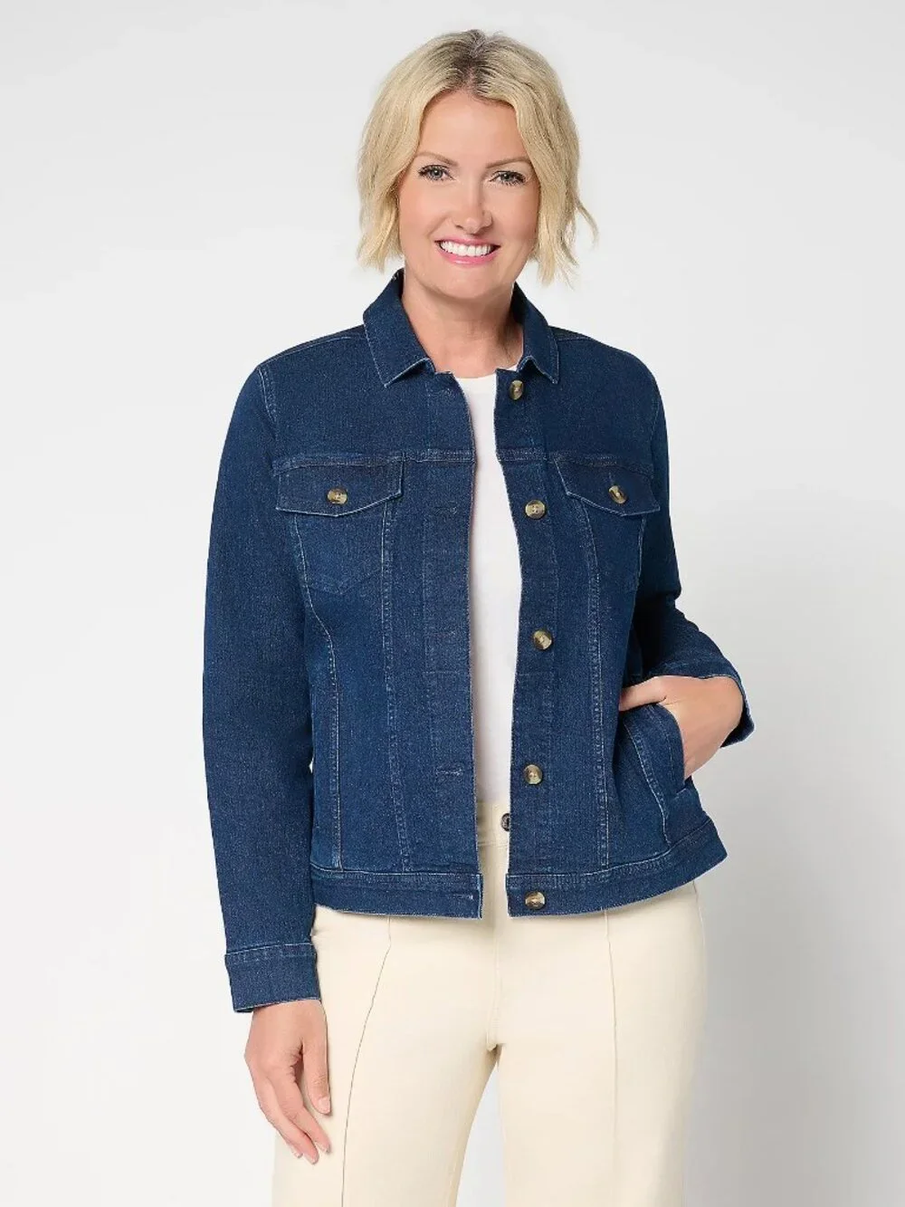 Denim & Co. Classic Stretch Denim Jacket with Welt Pockets, Indigo Sz L a698540